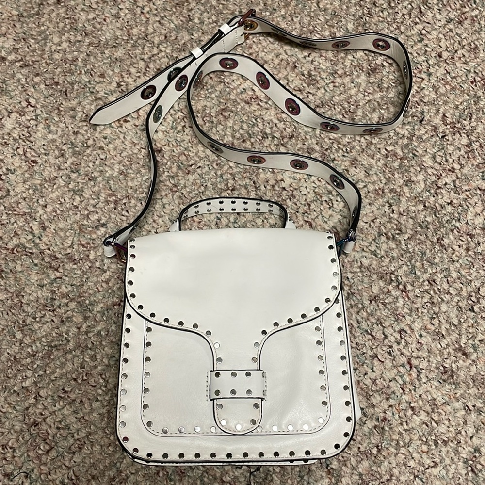 Rebecca minkoff leather hologram metal studded crossbody with top handle purse